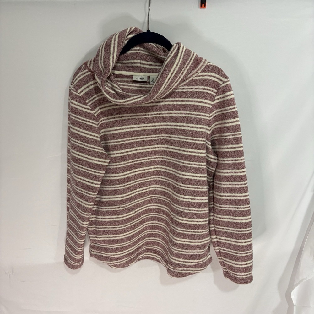 LL Bean Womens PM Petite Medium Maroon Striped Cowl Neck Soft Sweater 501024